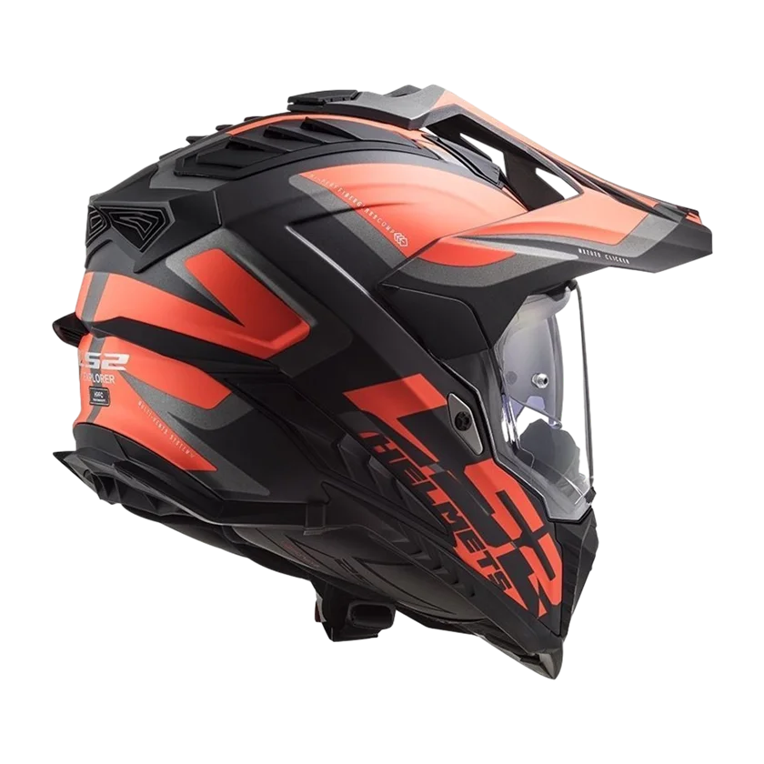 Adventure helm LS2 MX701 Explorer Alter mat zwart fluo oranje met zonnevizier en HPFC-schaal.