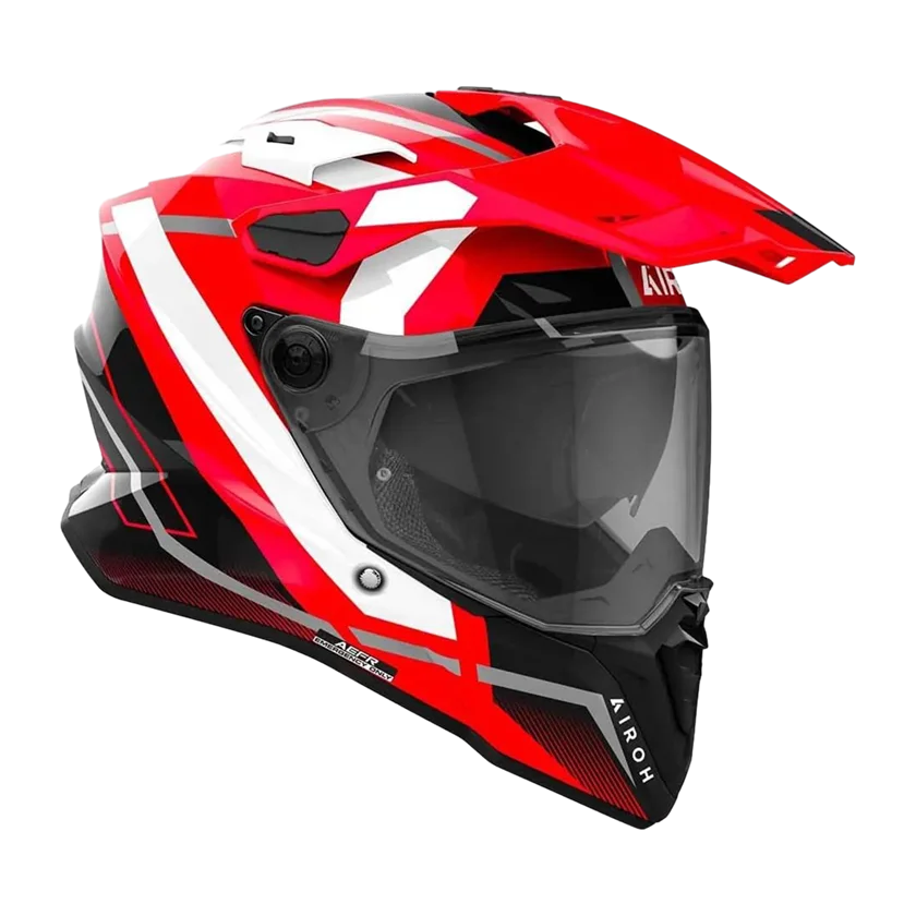Airoh Commander 2 Mavick integraalhelm in rood-wit met carbonvezel schaal, adventure configuratie, Pinlock vizier en optimale ventilatie.