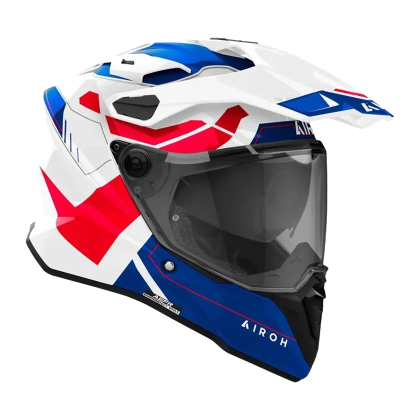Airoh Commander II Reveal integraalhelm in blauw-wit-rood met carbonvezel schaal, modulair design, breed vizier en geavanceerde ventilatie.