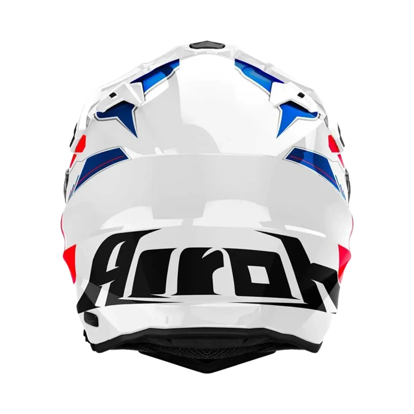 Airoh Commander II Reveal integraalhelm in blauw-wit-rood met carbonvezel schaal, modulair design, breed vizier en geavanceerde ventilatie.