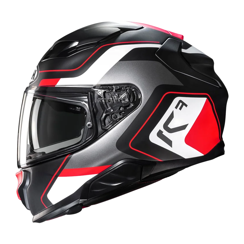 HJC F71 Arcan integraalhelm in mat zwart-rood met glasvezel schaal, geïntegreerd zonnevizier, ventilatiesysteem en sportieve afwerking.