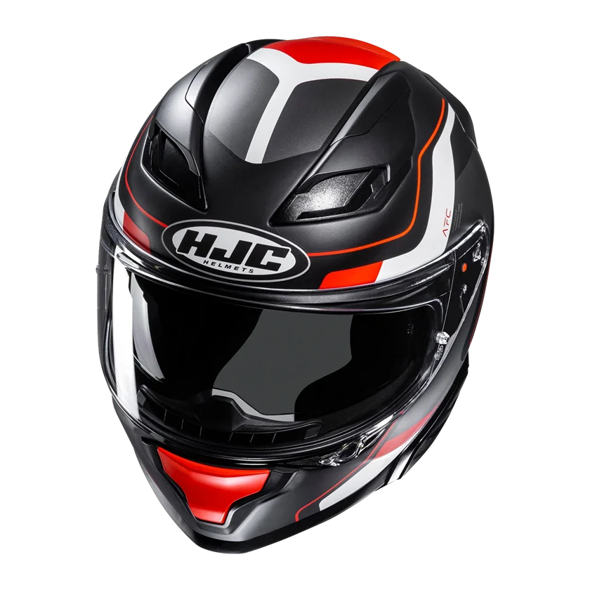 HJC F71 Arcan integraalhelm in mat zwart-rood met glasvezel schaal, geïntegreerd zonnevizier, ventilatiesysteem en sportieve afwerking.