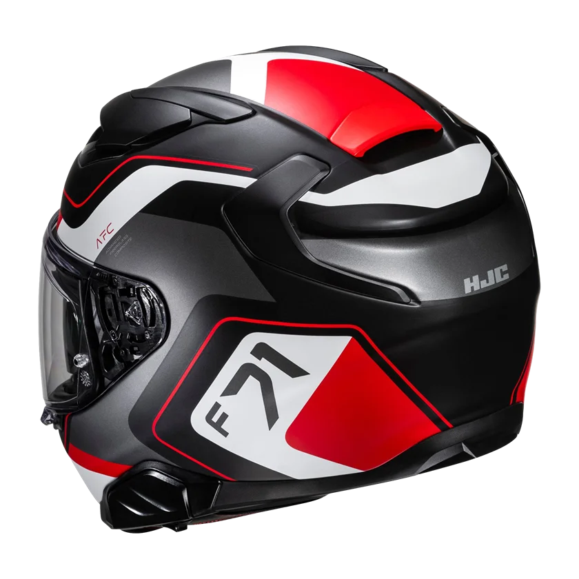 HJC F71 Arcan integraalhelm in mat zwart-rood met glasvezel schaal, geïntegreerd zonnevizier, ventilatiesysteem en sportieve afwerking.