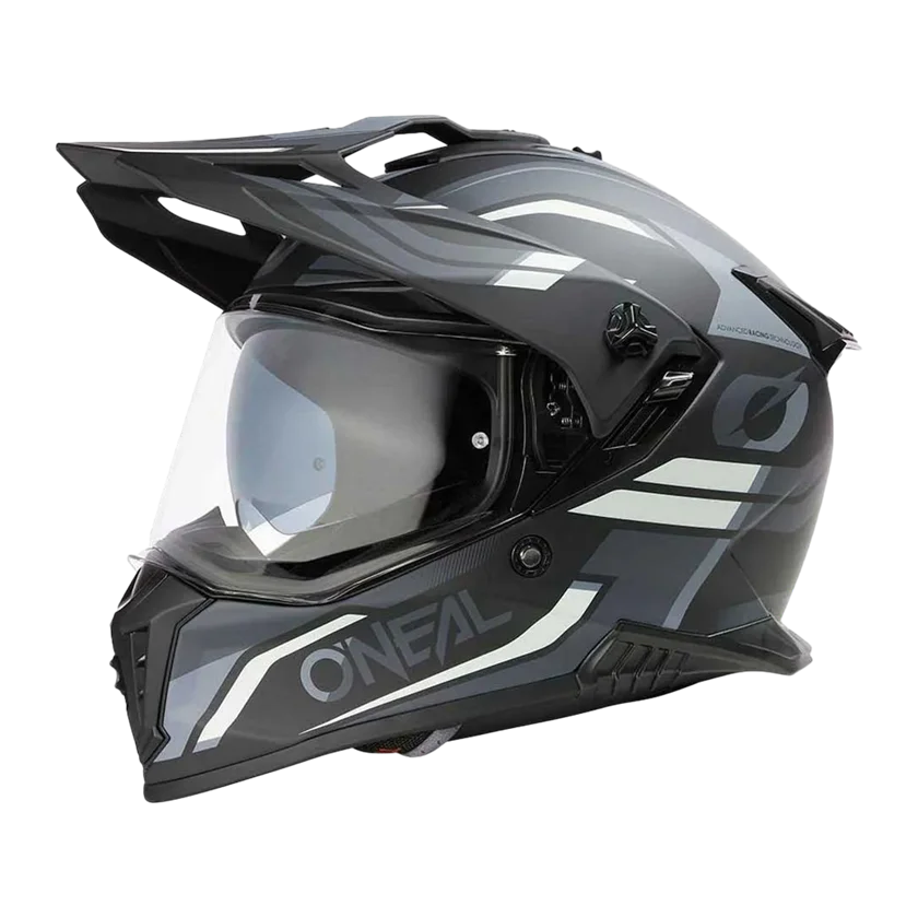 O'Neal A-SRS Spike integraalhelm in zwart-grijs-wit met ABS-schaal, verstelbaar vizier, ventilatie en Coolmax binnenvoering.