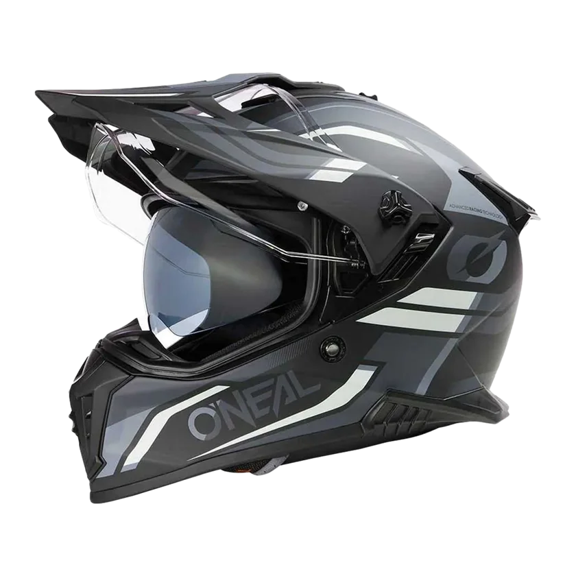 O'Neal A-SRS Spike integraalhelm in zwart-grijs-wit met ABS-schaal, verstelbaar vizier, ventilatie en Coolmax binnenvoering.