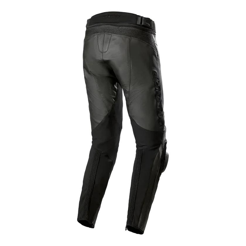 Alpinestars Missile V3 leren motorbroek in zwart-wit, met premium leer, CE-knieprotectie, stretchpanelen en ventilatieopeningen. Ideaal voor circuit en sportief gebruik.