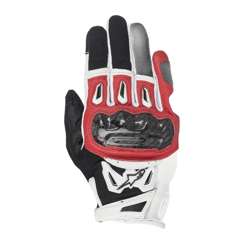 Motorhandschoenen Alpinestars SMX-2 Air Carbon V2 zwart-wit-rood met carbon bescherming en ademende meshpanelen.