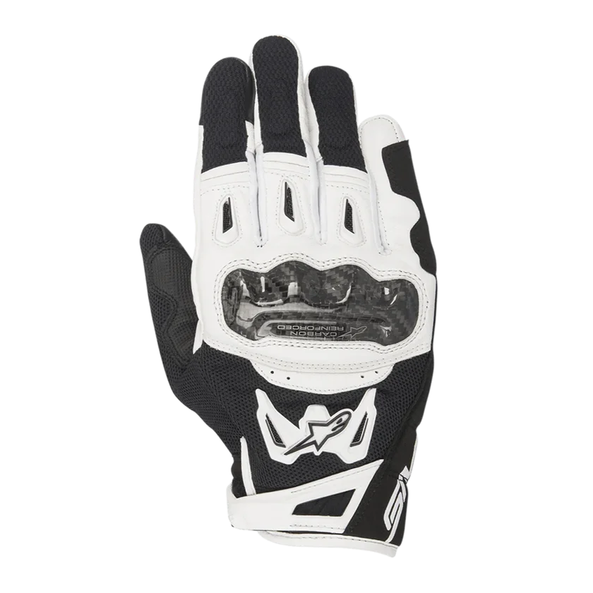 Motorhandschoenen Alpinestars SMX-2 Air Carbon V2 zwart-wit met carbon knokkelprotectie en geventileerde meshpanelen.