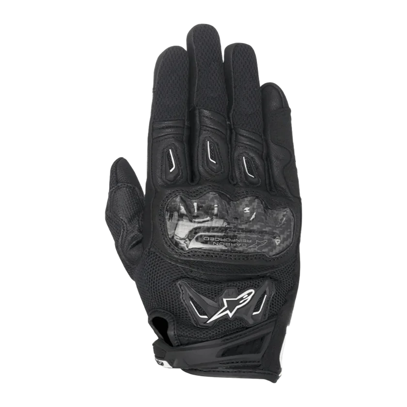Motorhandschoenen Alpinestars SMX-2 Air Carbon V2 zwart met carbon knokkelbescherming en 3D-meshpanelen.