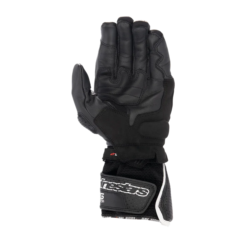 Motorhandschoenen Alpinestars SP-8 V3 Air zwart-wit met perforaties en CE-knokkelbescherming.
