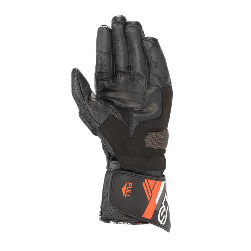 Motorhandschoenen Alpinestars SP-8 V3 zwart-rood met knokkelbescherming en touchscreen-vingertoppen.