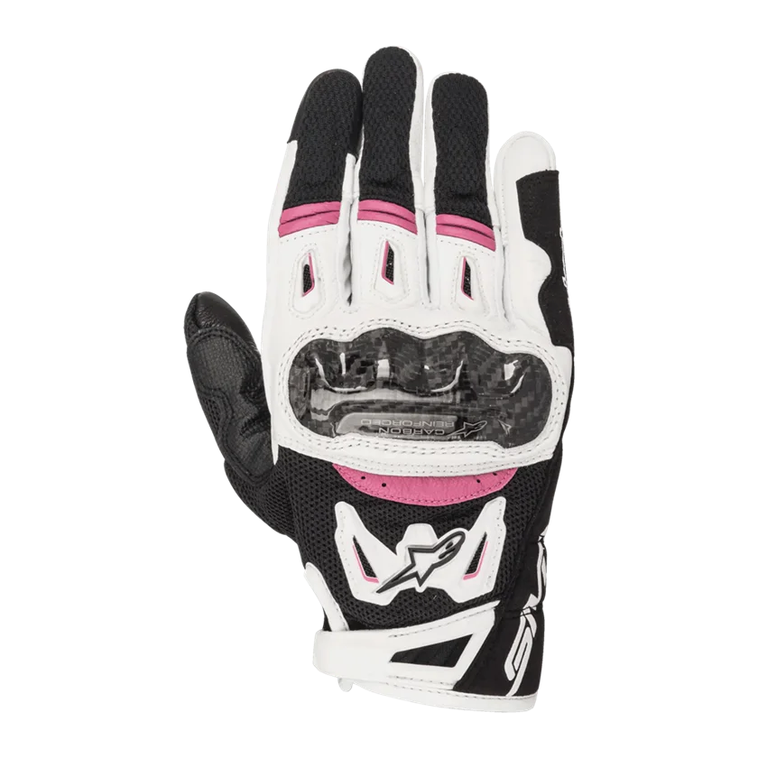 Motorhandschoenen Dames Alpinestars Stella SMX-2 Air Carbon V2 zwart-wit-roze met carbon knokkelbescherming en geventileerde meshpanelen.