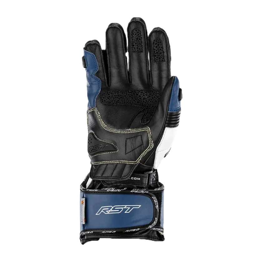 Motorhandschoenen RST Tractech Evo 4 CE blauw met carbon knokkelbescherming en lange sportmanchet.