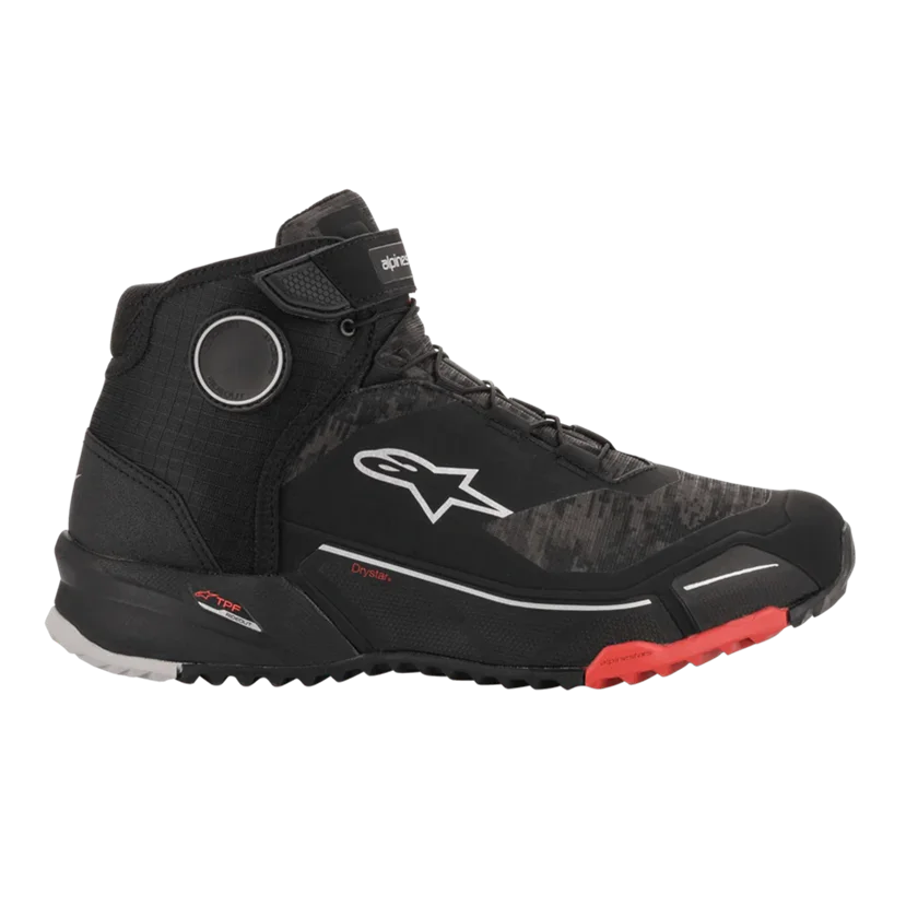 Alpinestars CR-X Drystar motorschoenen zwart-rood met CE-bescherming, waterdicht membraan en comfortabele sneakerstijl voor sportieve rijders.
