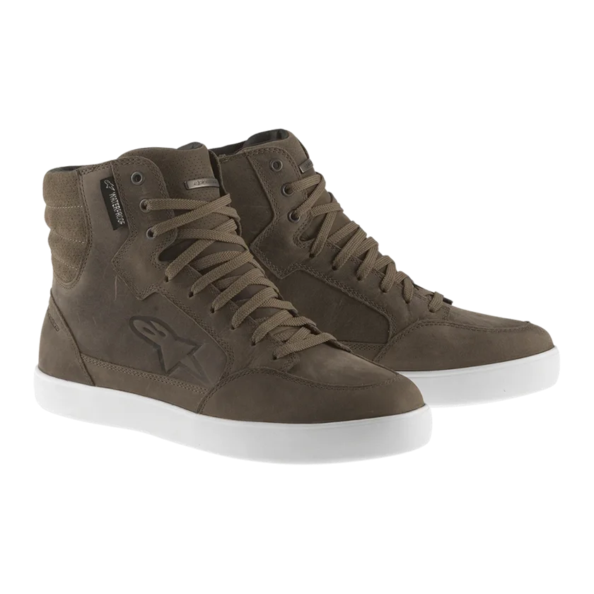 Motor schoenen Alpinestars J-6 Waterproof bruin met CE-bescherming, waterdicht membraan en casual sneakerstijl.