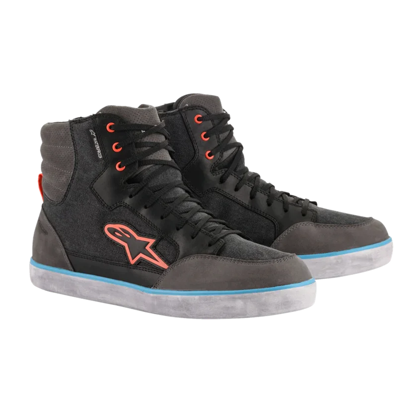 Motorschoenen Alpinestars J-6 Waterproof zwart-grijs-blauw met CE-bescherming, waterdicht membraan en casual sneakerstijl.