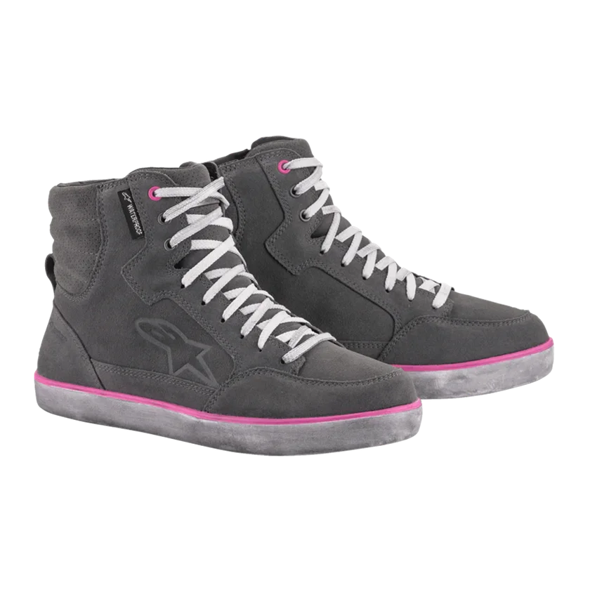 Motorschoenen dames Alpinestars J-6 Waterproof grijs met waterdichte bescherming en casual sneakerdesign.