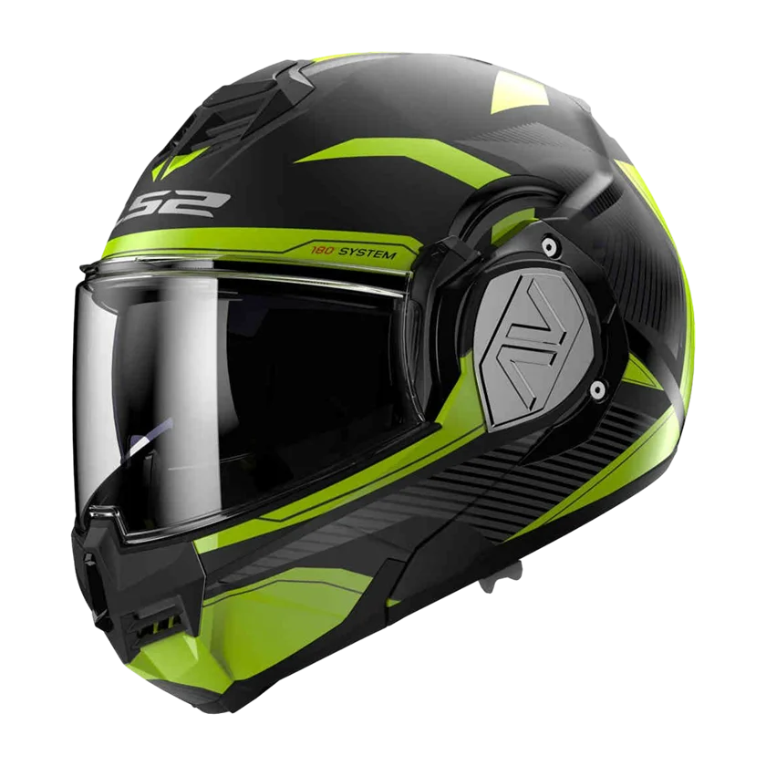 LS2 FF906 Advant Solid Zwart-Groen systeemhelm met draaibare kinbak, zonnevizier en Pinlock vizier.