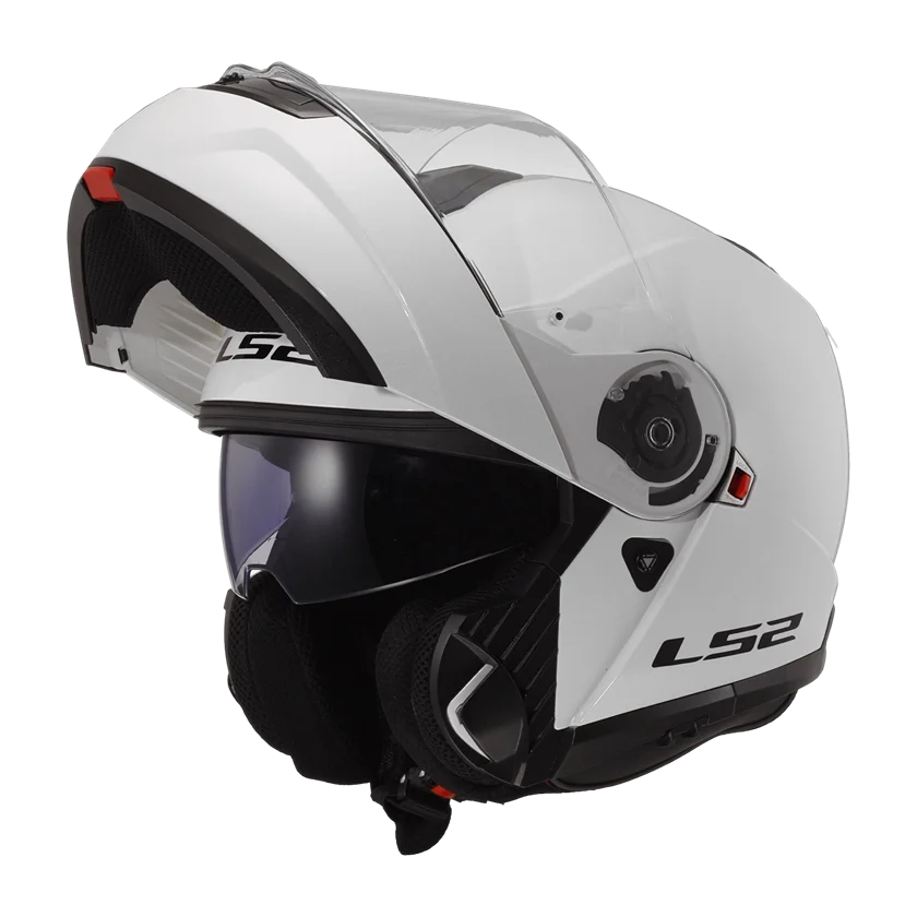 LS2 FF908 Strobe II systeemhelm in glanzend wit met draaibare kinbak, zonnevizier en Pinlock-voorbereid vizier.
