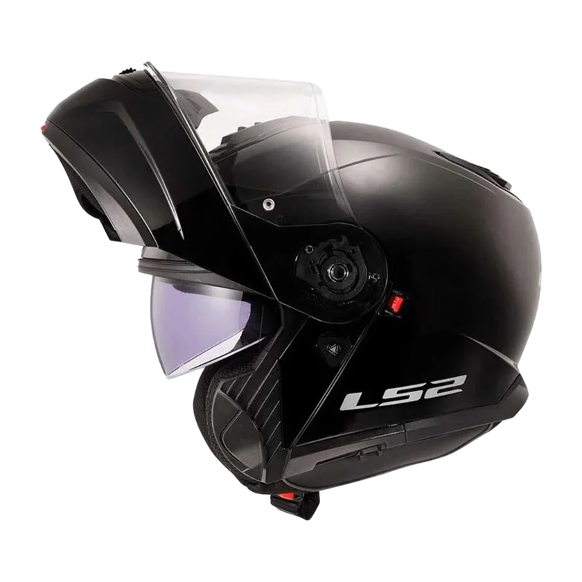LS2 FF908 Strobe II systeemhelm in zwart met 90° draaibare kinbak, geïntegreerd zonnevizier en Pinlock-voorbereid vizier.