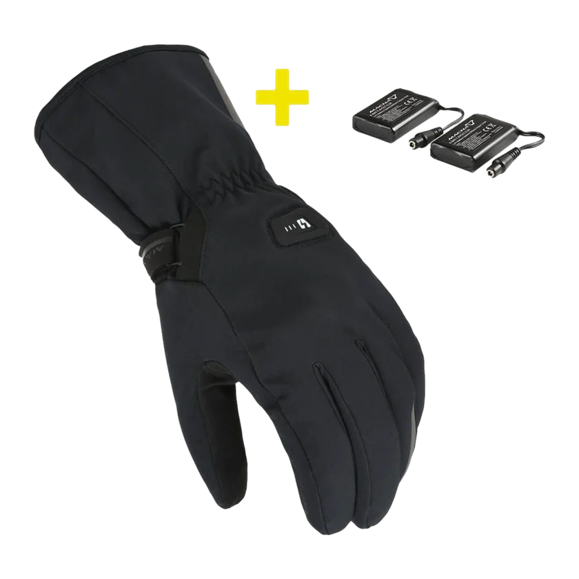 Verwarmde motorhandschoenen Macna Unite RTX 2.0 zwart met waterdichte buitenlaag, knokkelbescherming en elektrisch verwarmingssysteem.