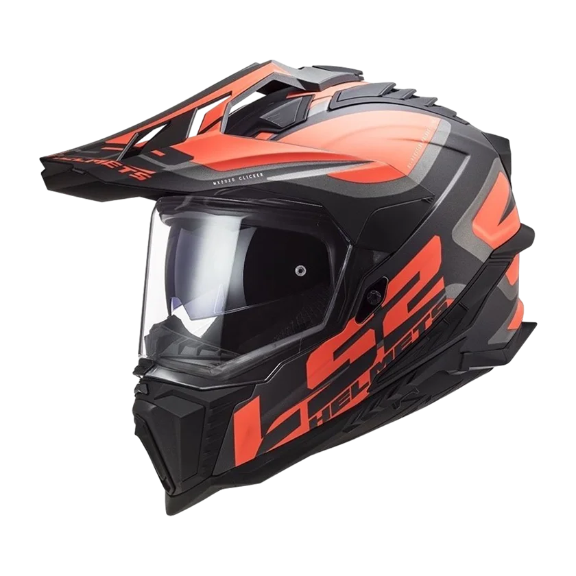 Adventure helm LS2 MX701 Explorer Alter mat zwart fluo oranje met zonnevizier en HPFC-schaal.

