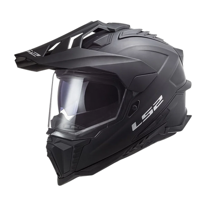 Adventure helm LS2 MX701 Explorer mat zwart met geïntegreerd zonnevizier en HPFC-schaal.