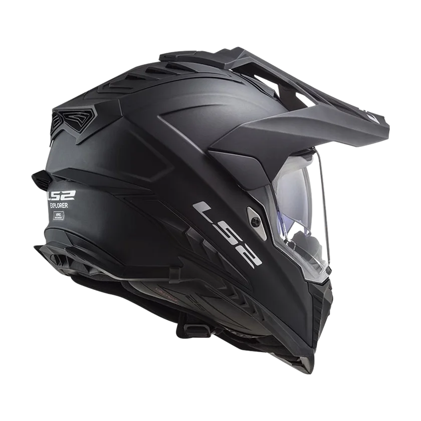 Adventure helm LS2 MX701 Explorer mat zwart met geïntegreerd zonnevizier en HPFC-schaal.