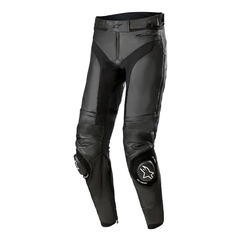 Alpinestars Missile V3 leren motorbroek in zwart met CE-gecertificeerde knieprotectie, stretchpanelen en ventilatieopeningen. Ideaal voor circuit- en sportief gebruik.