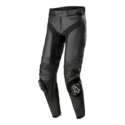 Alpinestars Missile V3 leren motorbroek in zwart met CE-gecertificeerde knieprotectie, stretchpanelen en ventilatieopeningen. Ideaal voor circuit- en sportief gebruik.