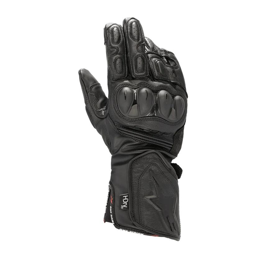Motorhandschoenen Alpinestars SP-8 H-Dry zwart met HDry® membraan en knokkelprotectie.

