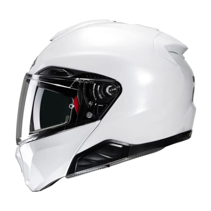 Systeemhelm HJC RPHA-91 wit met zonnevizier, Pinlock vizier en P.I.M. EVO-schaal.

