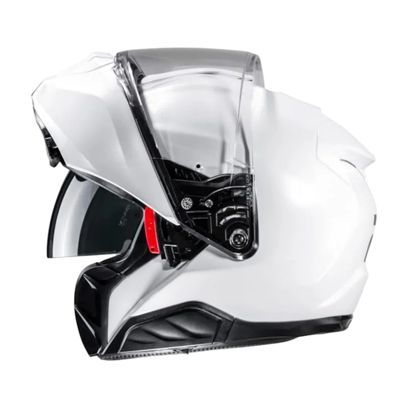 Systeemhelm HJC RPHA-91 wit met zonnevizier, Pinlock vizier en P.I.M. EVO-schaal.

